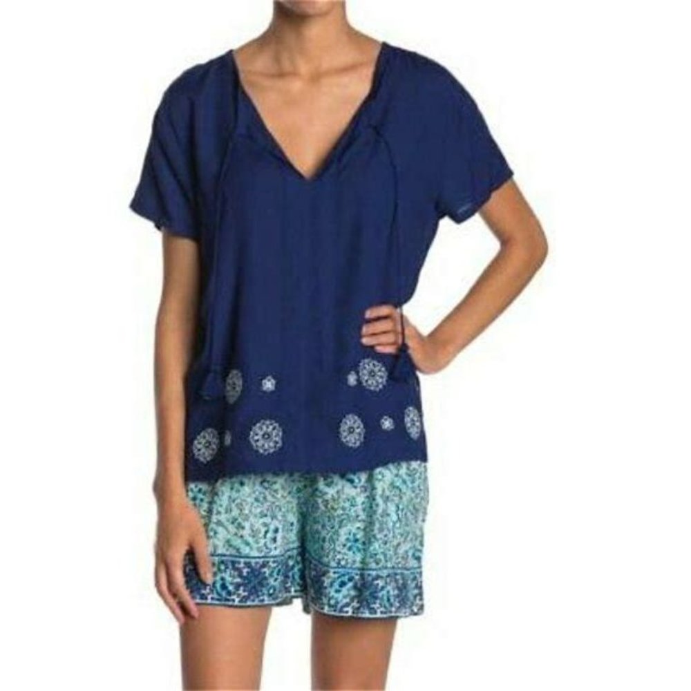 Vera Bradley Womens Blue Floral Border V Neck Tassel Short Sleeve Top Size XS